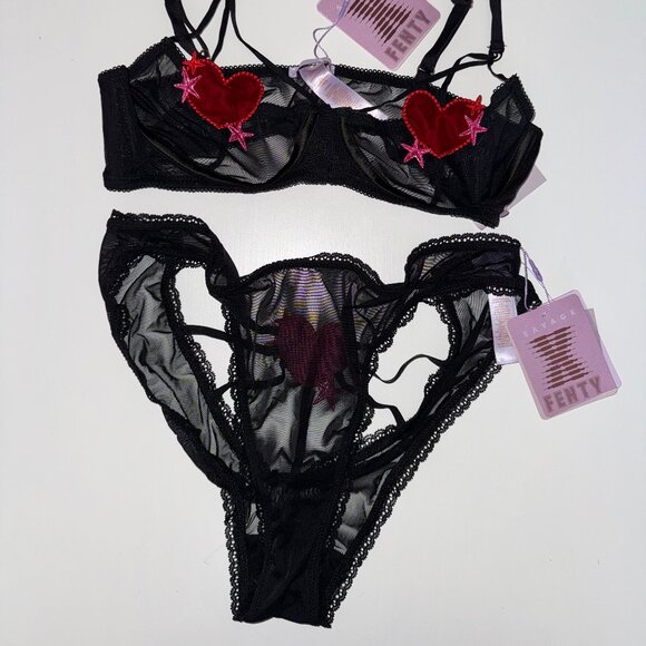 NWT Savage X Fenty Heart Mesh Lingerie Set – Black (M/L) - Picture 2 of 2